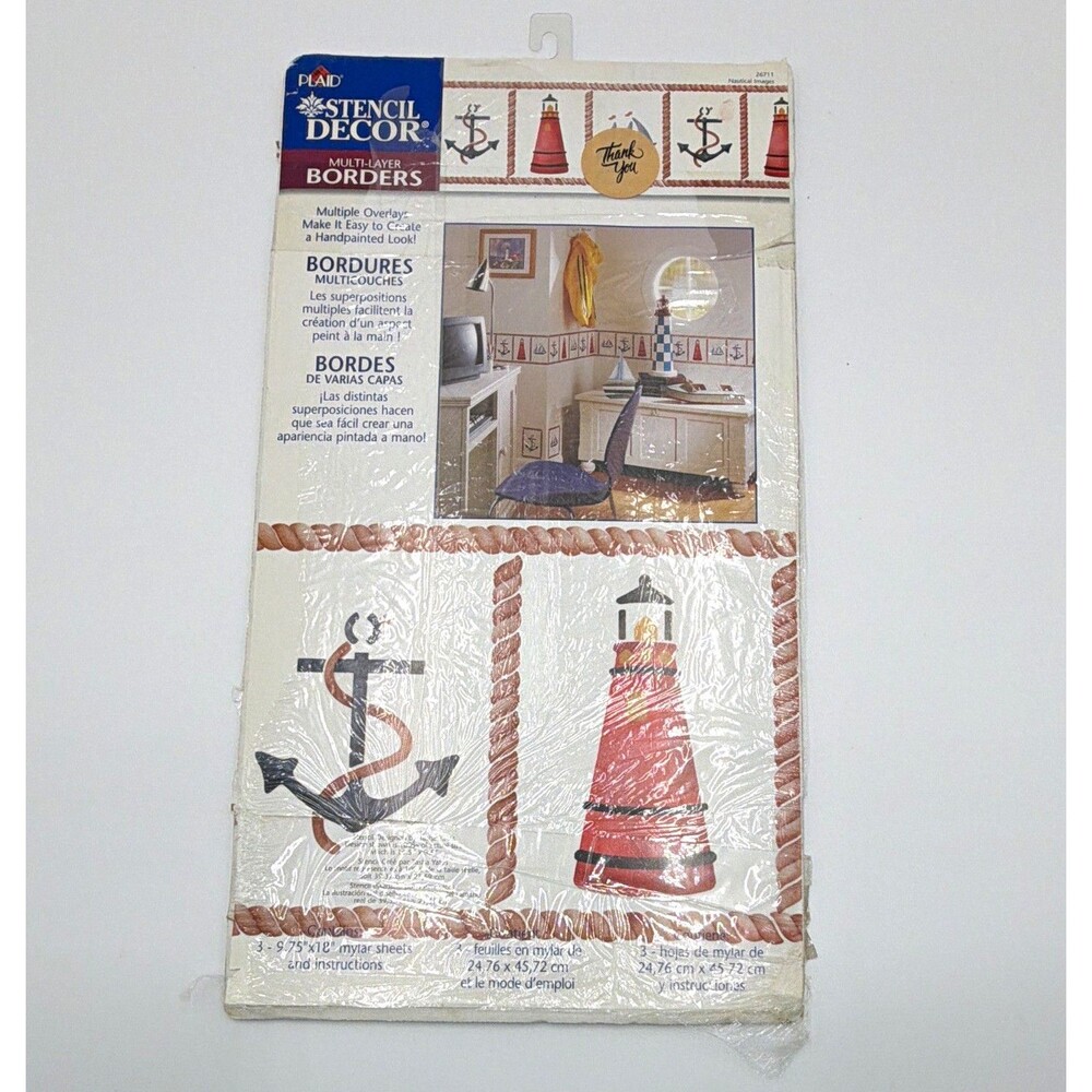 Plaid Multi-Layer Nautical Stencil Border Anchor Lighthouse, Multicolor